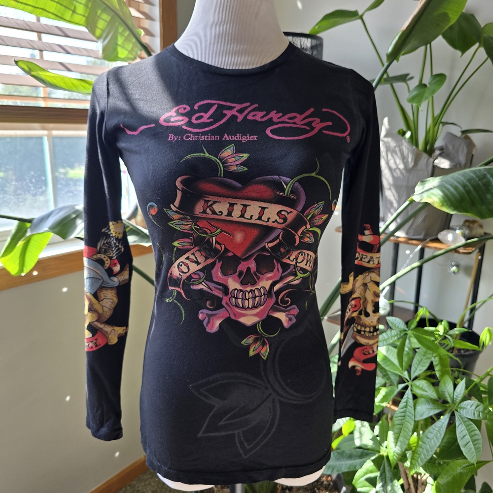 Ed Hardy Black Long Sleeve with Skull and Rose Design